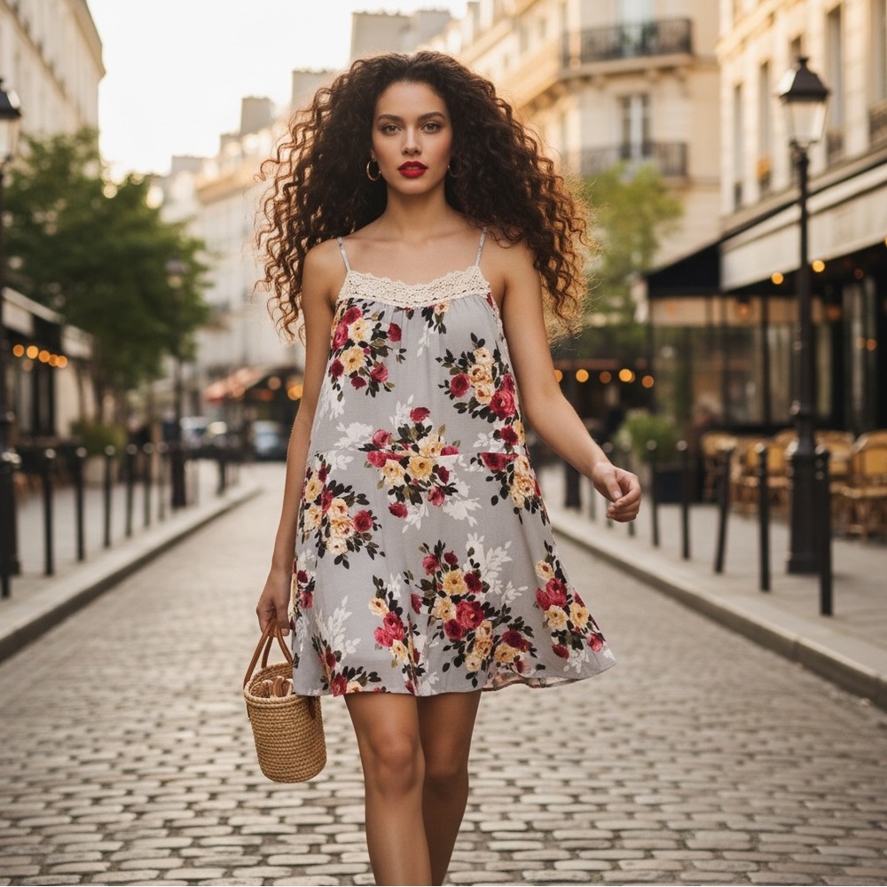 UMGEE Boho Floral Lace Trim Mini Dress - Gray Red Yellow - Size S
